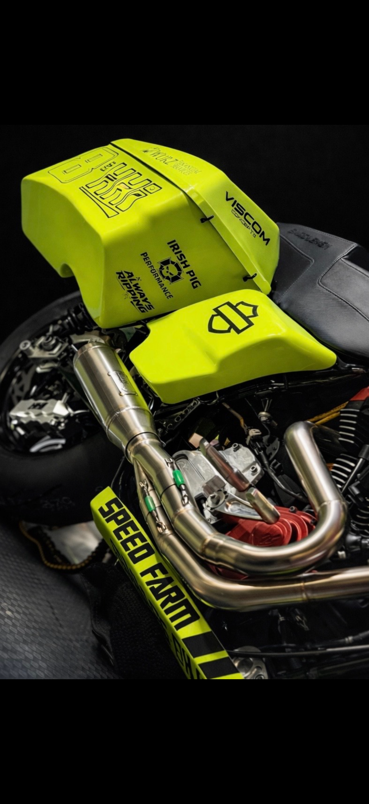 Close-up of the Speed Farm #8 Harley Daidson race bagger with an Irish Pig Performance custom exhaust