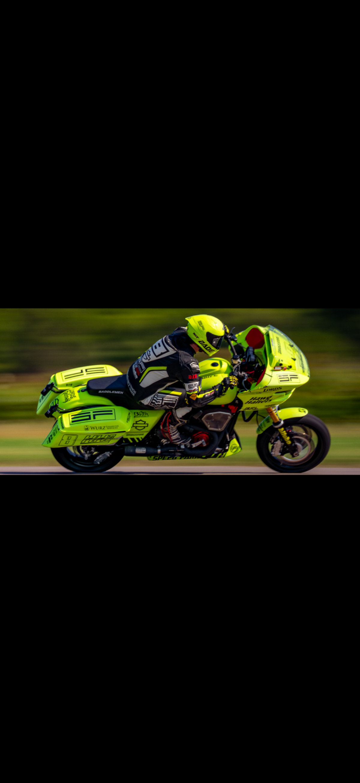 Speed Farm racer Levi Badie riding the #8 Harley-Davidson Bagger with an Irish Pig Prformance custom exhaust