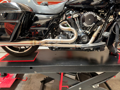 Irish Pig Performance Harley-Davidson Road Glide full-length 2-Into-1 exhaust installed on Milwaukee-Eight motorcycle